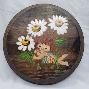 Vintage Wood Floral Girl Wall Art Daisies Handpainted 1975 6.5 Inches